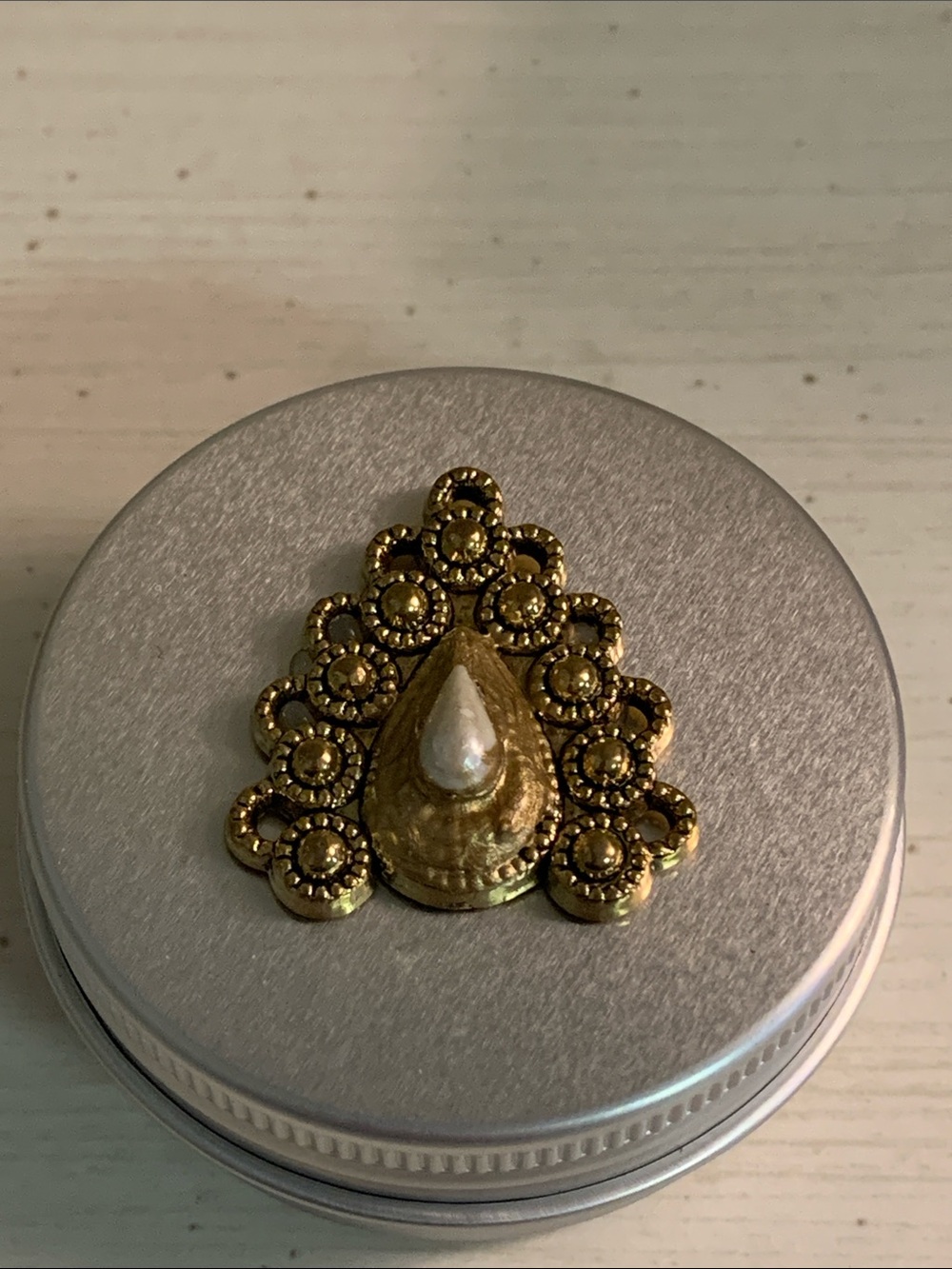 HANDMADE Gold Jeweled Metal Trinket Tin Lid Decor for cream, pills, etc….